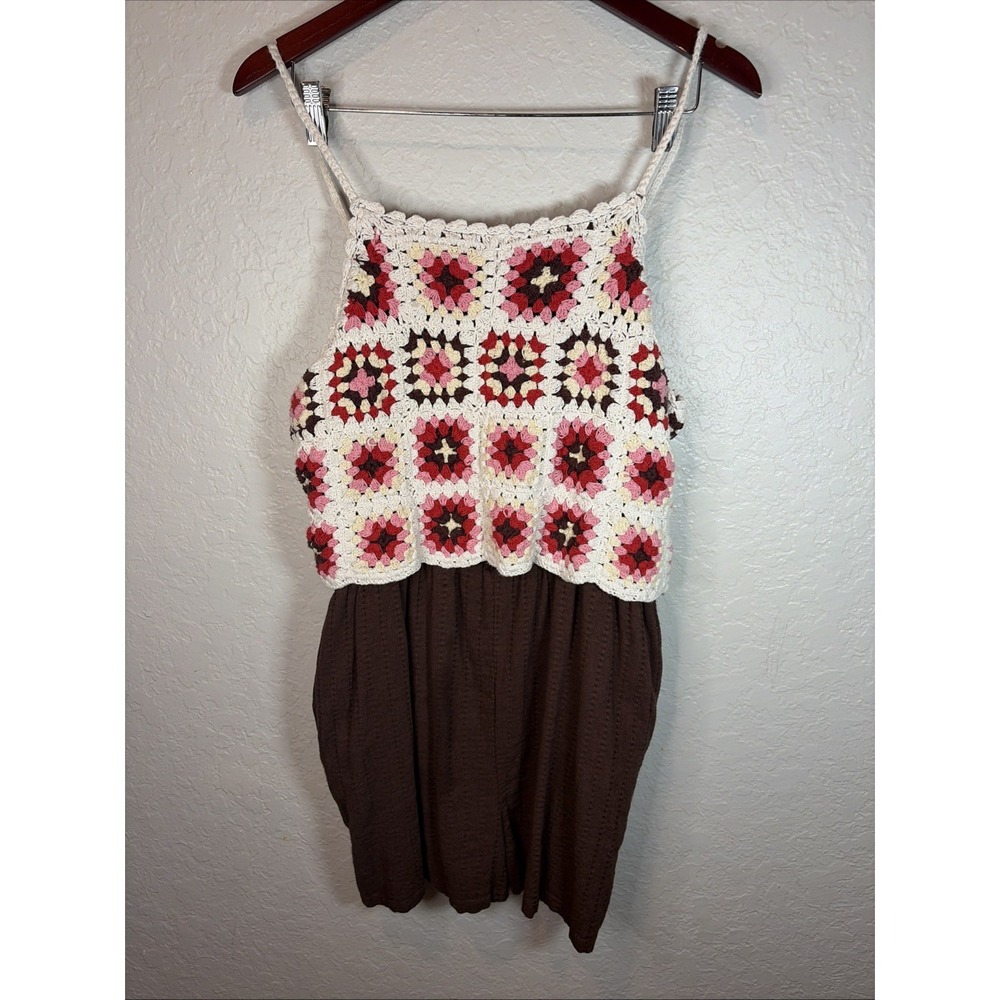 Lucky Brand Brown Boho Chic Crochet Romper Granny Squares Floral Strap Sz L